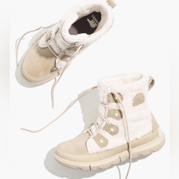 Sorel Shoes - Sorel Explorer Joan Cozy Boots Cream and Tan Sherpa Lace-Up Boots Size 10